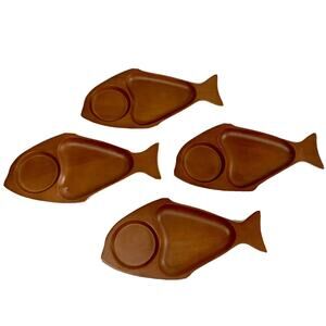 Set 4 Vtg 60s Japanese Fish Sushi Plates Kubosawa Carved Cherry Wood Retro MCM